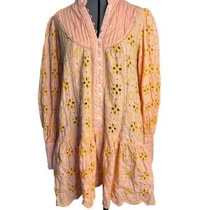 ROIII Peach Eyelet Lace Mini Dress Orange Boho Embroidery Small